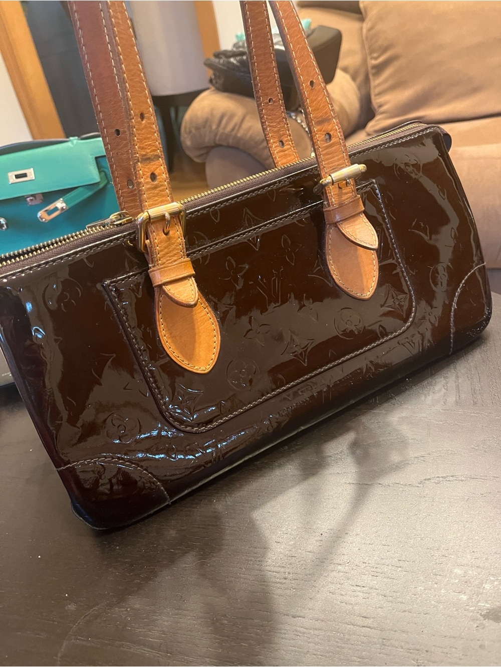 Louis Vuitton Patent Leather Triangular Shoulder Bag in burgundy with Tan Straps
